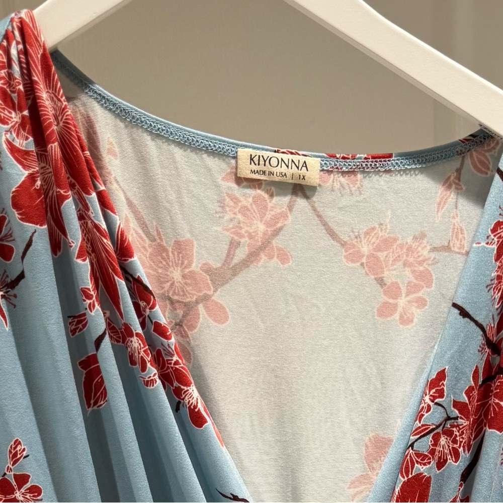 Floral Midi Dress in Blue and Red cherry blossom print - Picture 2 of 4